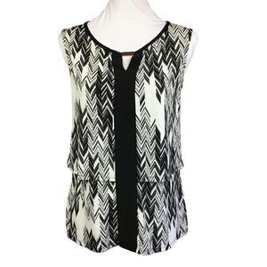 New Directions Layered Tank Style Blouse Sleeveless White Black Print Small